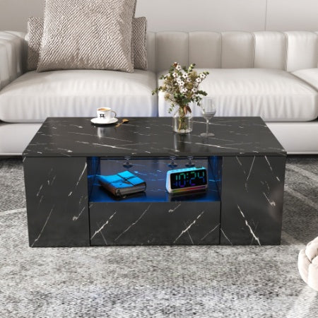 Modern LED Coffee Table, Storage With 2 Drawers And Open Side Shelf